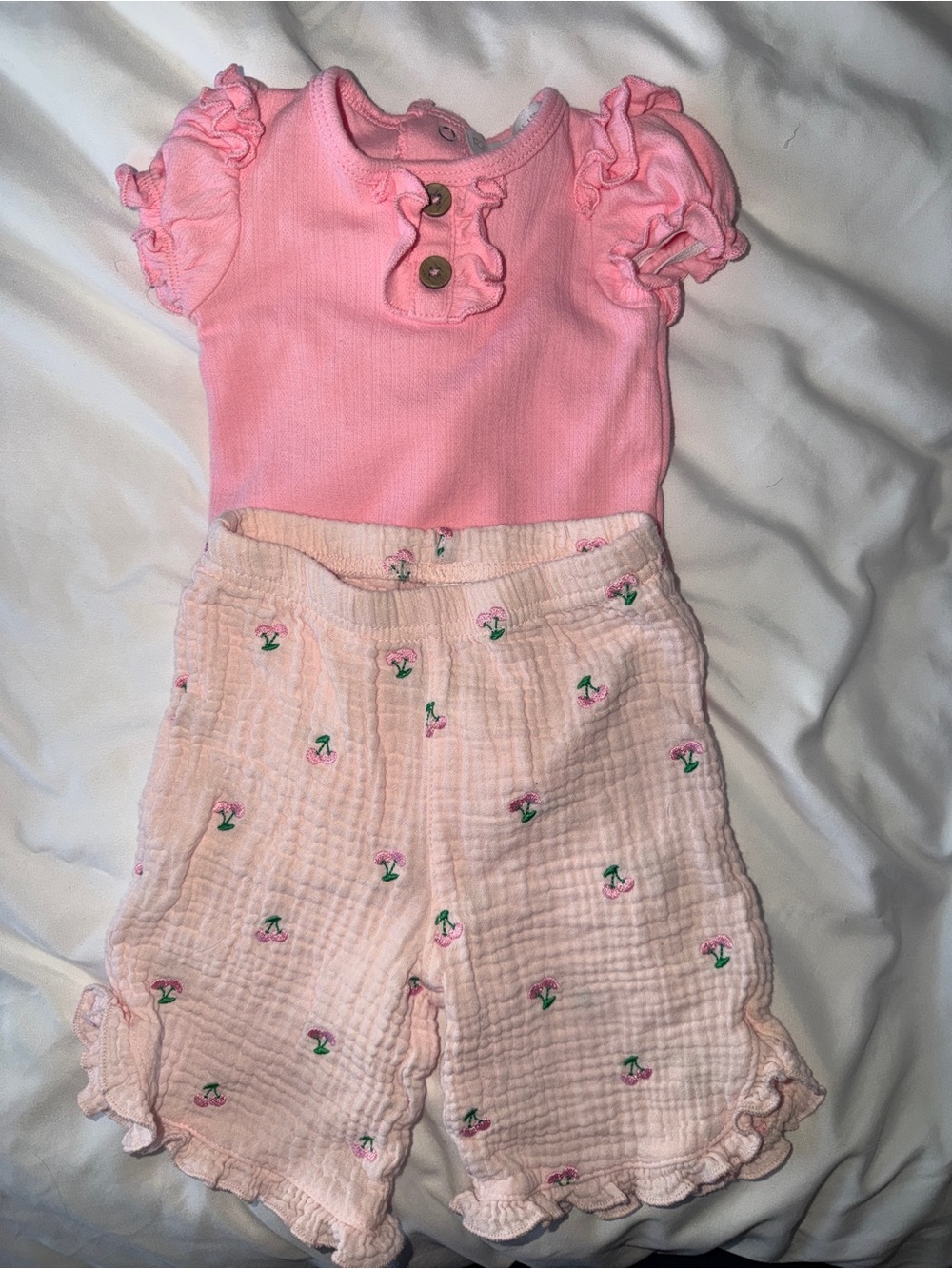 Baby Girl Pink Ruffle Short Sleeve Top and Light Pink EmbroideredShorts Set